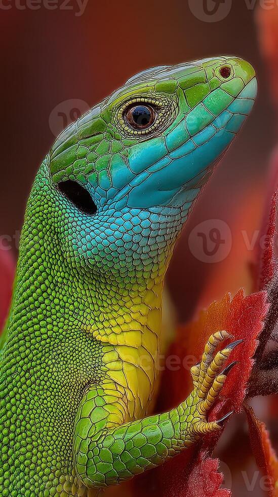 Colorful lizard perched on vibrant foliage during a sunny day in a tropical environment photo