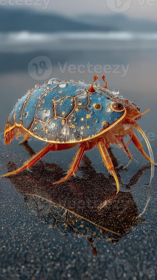 Unique close-up of a colorful creature with water droplets in a natural setting under soft light photo