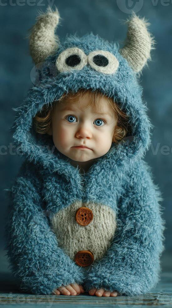 Child in fluffy blue monster hoodie with big eyes, capturing innocence and warmth during a playful indoor moment photo