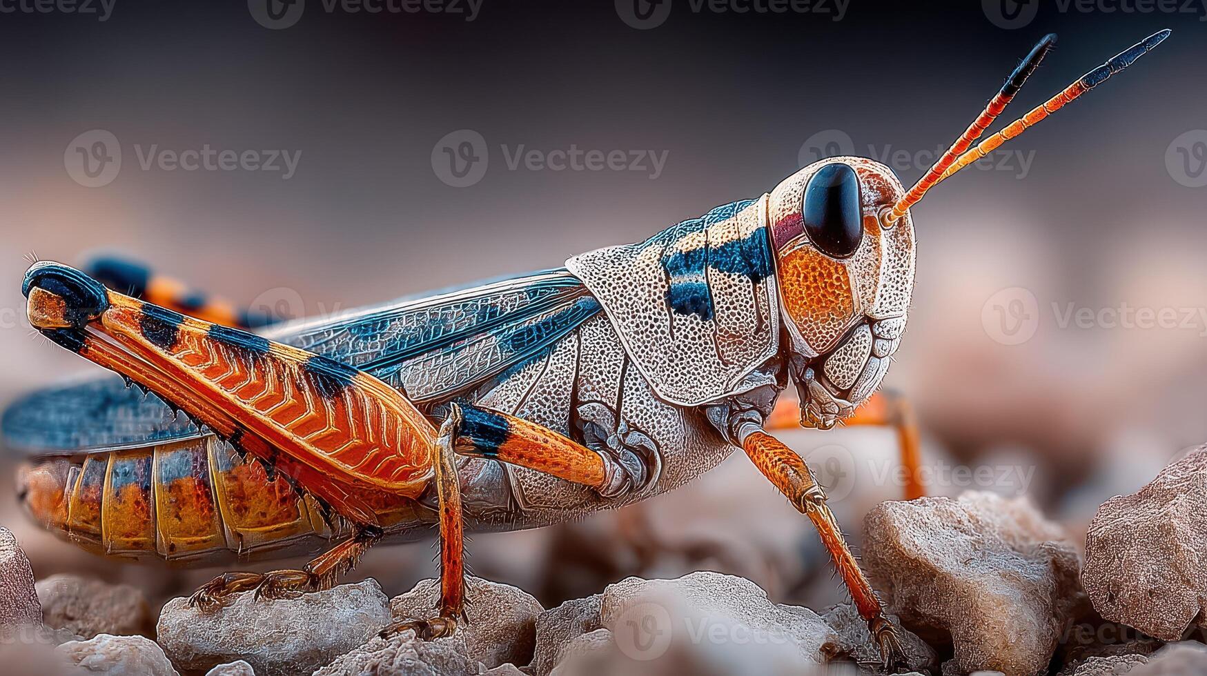 Detailed close-up of a colorful grasshopper on rocky terrain during daylight hours in a natural habitat photo