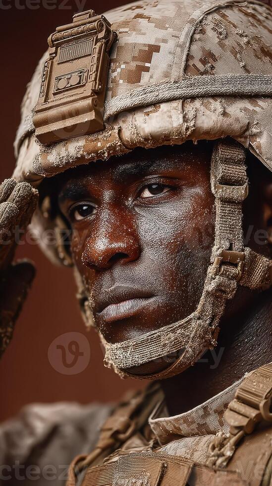 Soldier saluting with determination in a rugged environment during military training photo