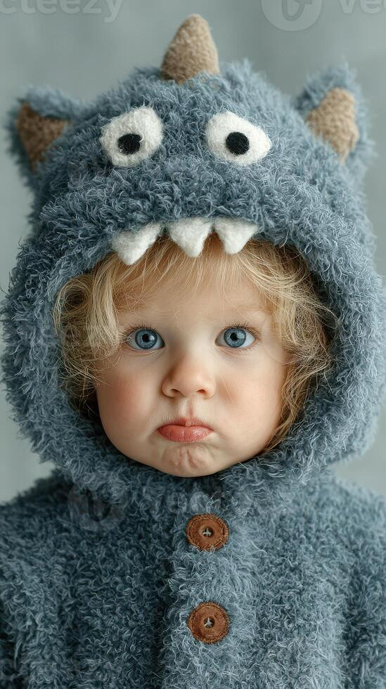 Child wears blue monster costume with fluffy texture in a studio setting during daytime, showing a pouting expression on their face photo