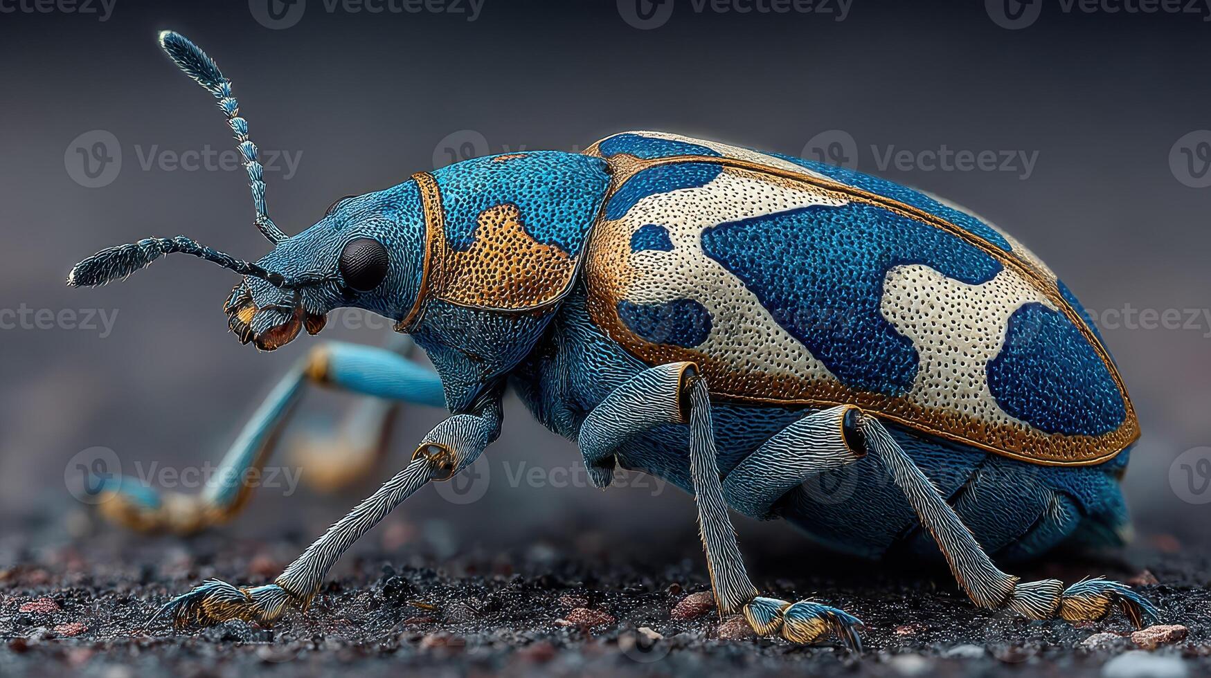 Vibrant blue and gold beetle crawling on a textured surface in natural light during the day photo
