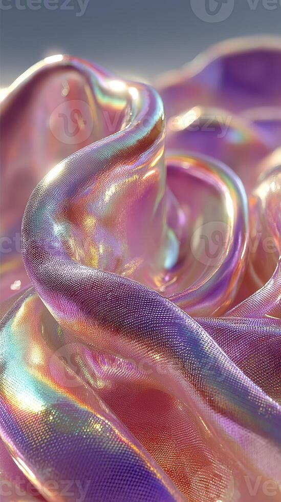 Close-up of shimmering fabric with soft waves in purple and pink tones under bright light photo