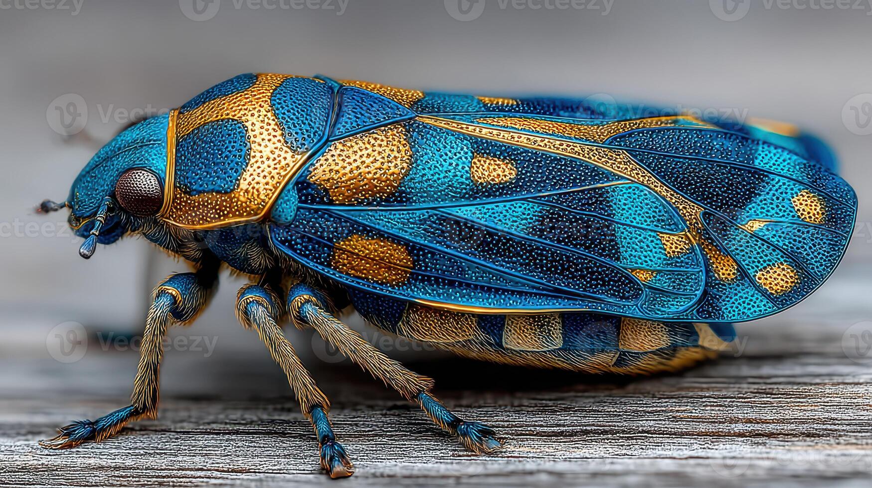 Colorful blue and gold insect resting on wood during a sunny day photo
