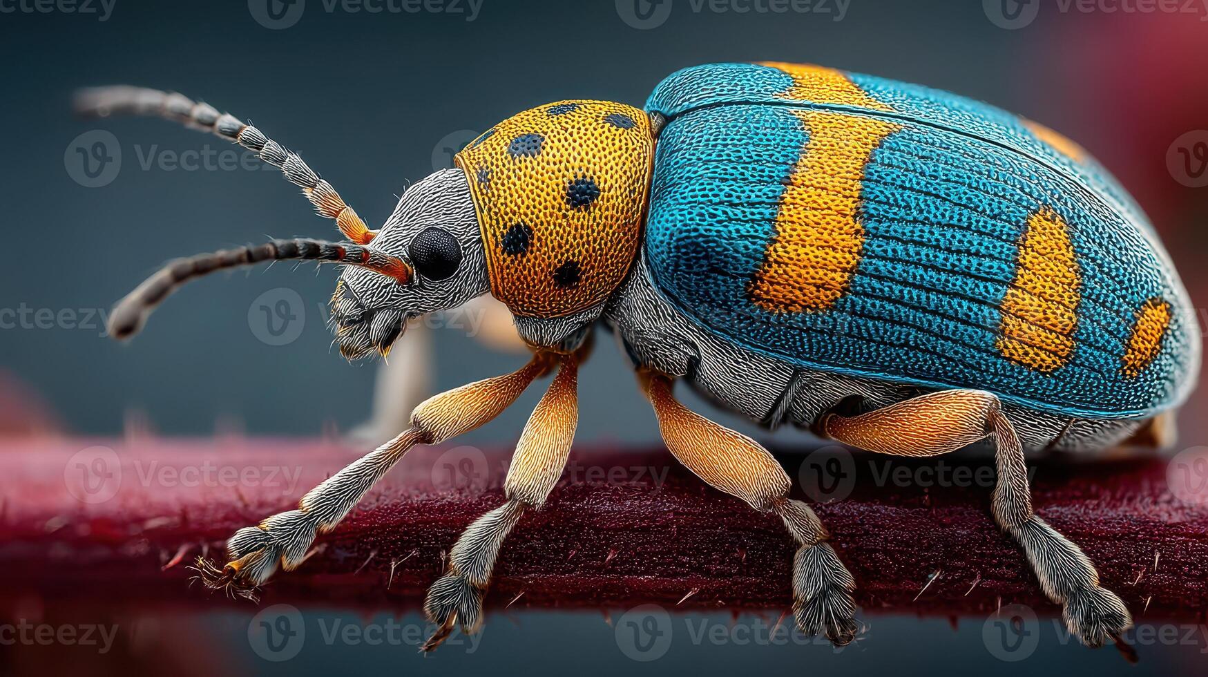 Colorful tropical beetle on a leaf during daylight showcasing vibrant patterns and textures in nature photo