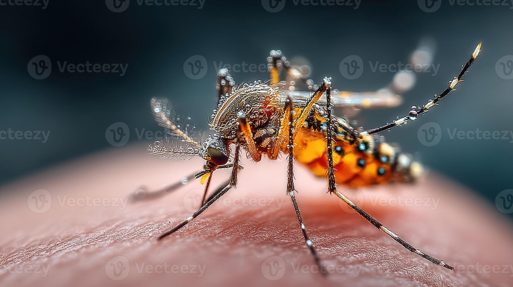 Close-up of a mosquito feeding on human skin during a warm summer evening photo