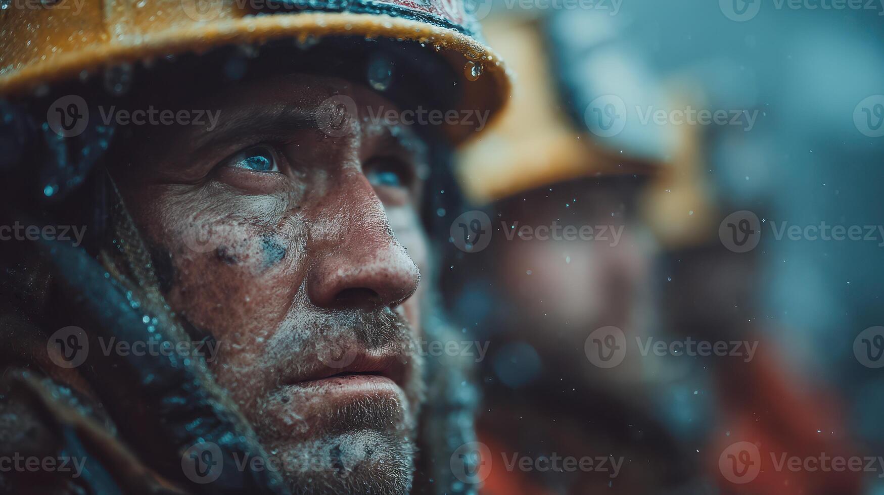 Workers endure harsh conditions while focused on safety during a heavy rainstorm in an industrial area photo