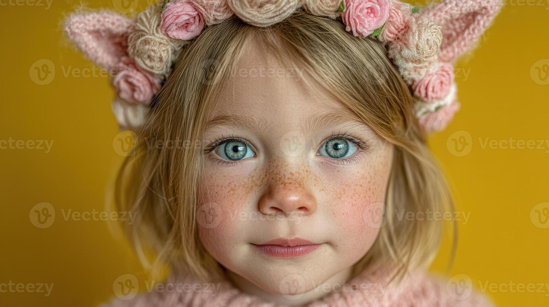 Child poses with floral crown against yellow backdrop, showcasing bright eyes and freckles during a playful indoor moment photo