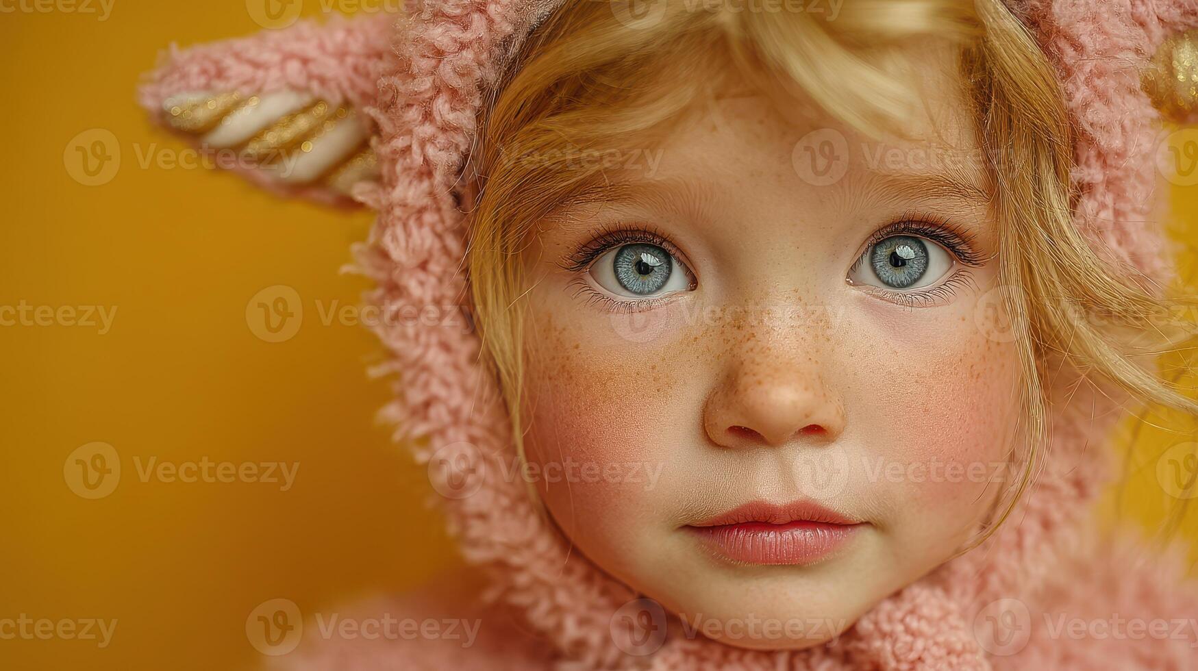 Young child with bright blue eyes wearing a pink fluffy hooded outfit in a cozy indoor setting on a sunny afternoon photo