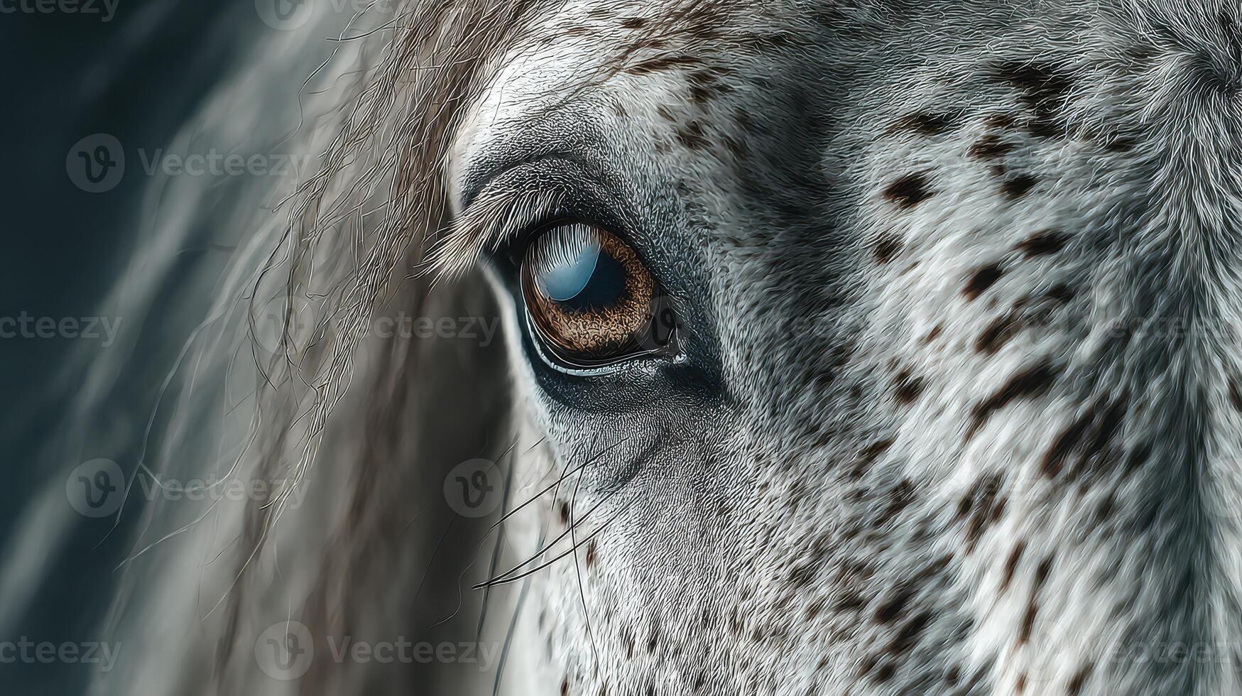 Close-up view of a horse's eye showcasing intricate details and unique speckled patterns in soft lighting photo
