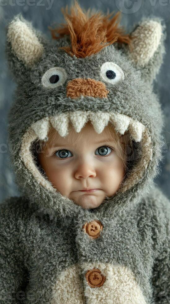 Child in cozy monster costume with expressive eyes ready for outdoor fun in chilly weather photo