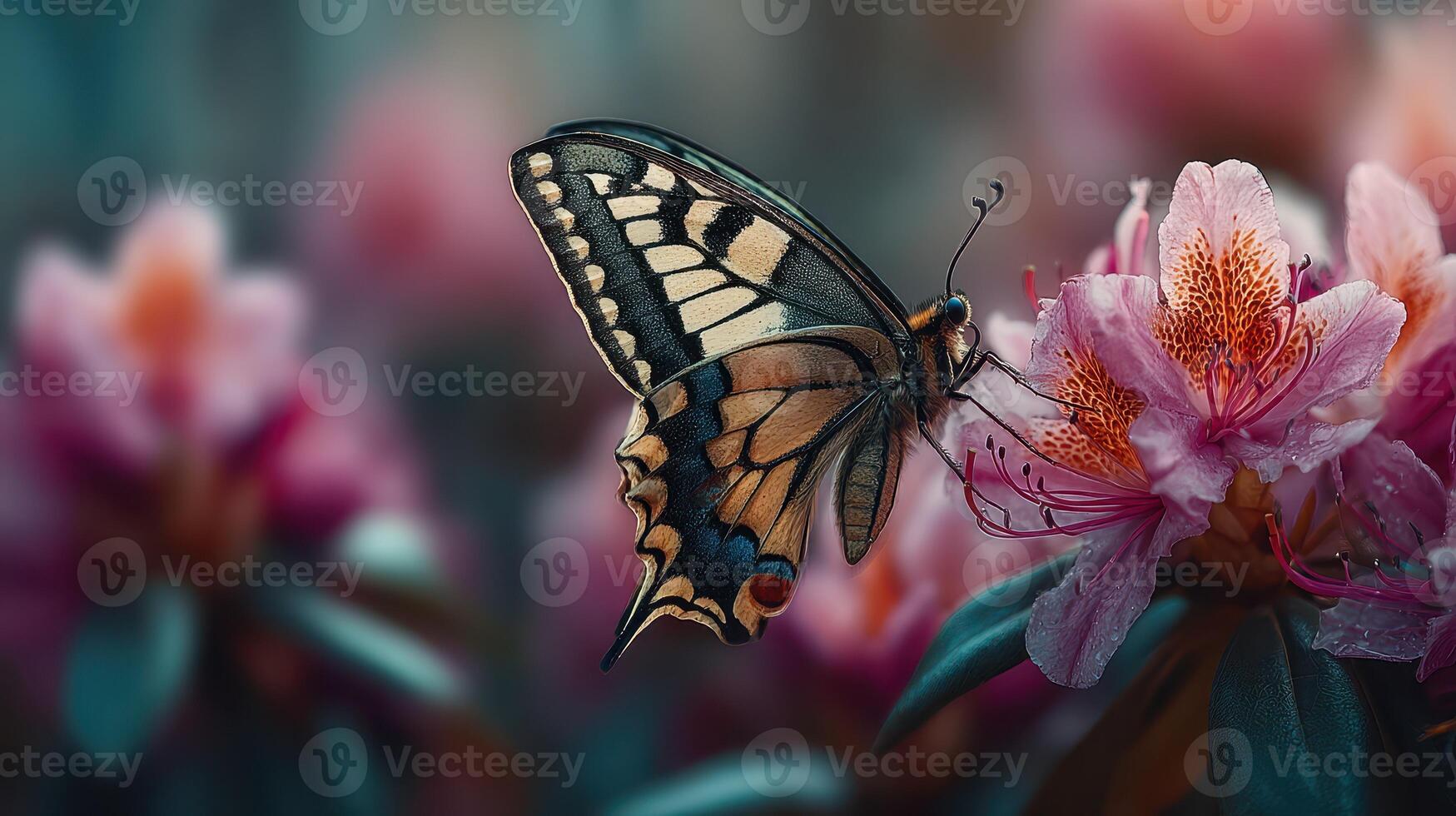 Butterfly resting on blooming pink flowers in a vibrant garden setting during springtime photo