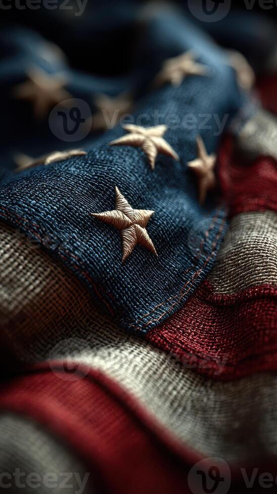 Close-up view of a weathered American flag displaying deep colors and intricate stitching details during a bright afternoon light photo