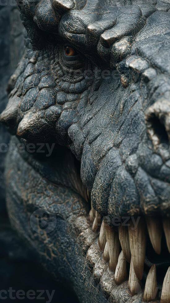 Close-up of a dragon-like creature revealing intricate texture and fierce teeth during a dramatic encounter at twilight photo