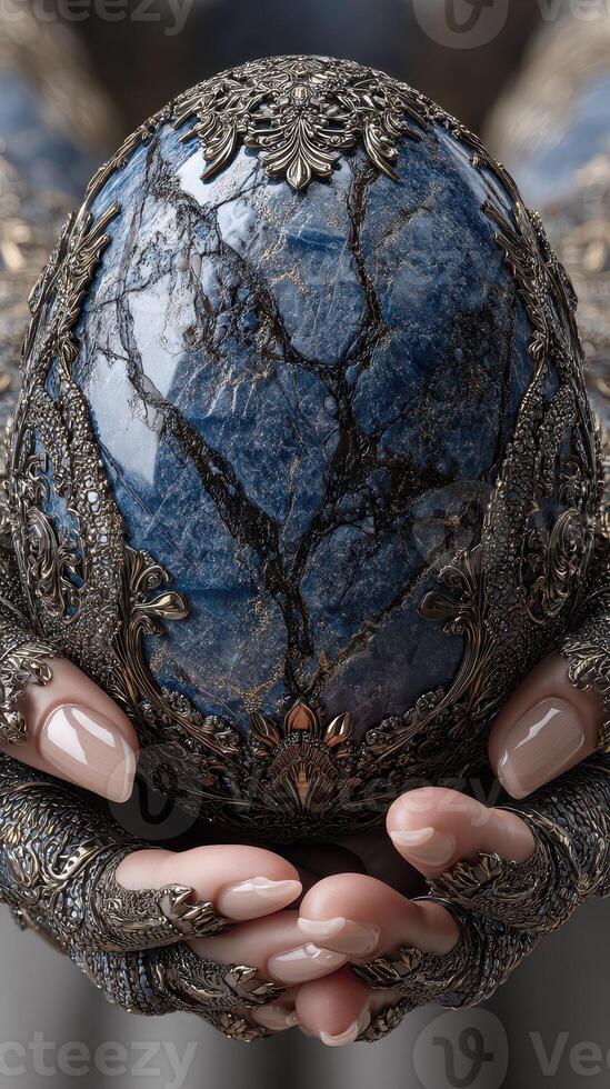 Detailed craftsmanship showcases an ornate blue egg held delicately by hands adorned in intricate silver designs photo