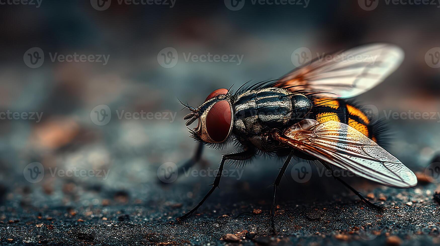 Close-up view of a fly resting on textured surface in natural light at dusk showcasing intricate details of its body and wings photo