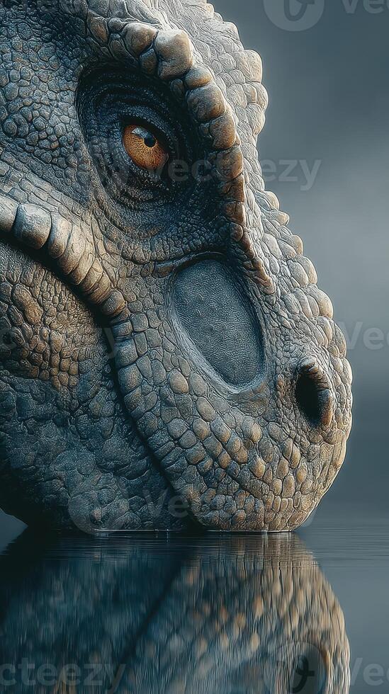 Dinosaur-like creature partially submerged in water reflecting its textured skin during a serene twilight setting photo