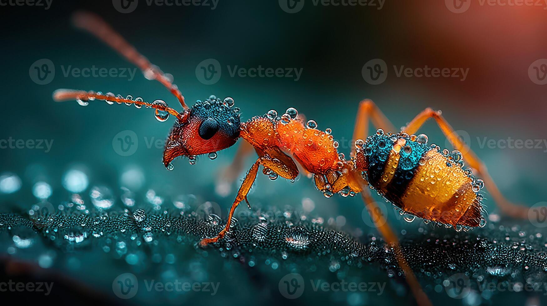 Colorful ant with water droplets perched on a leaf in nature during early morning hours photo