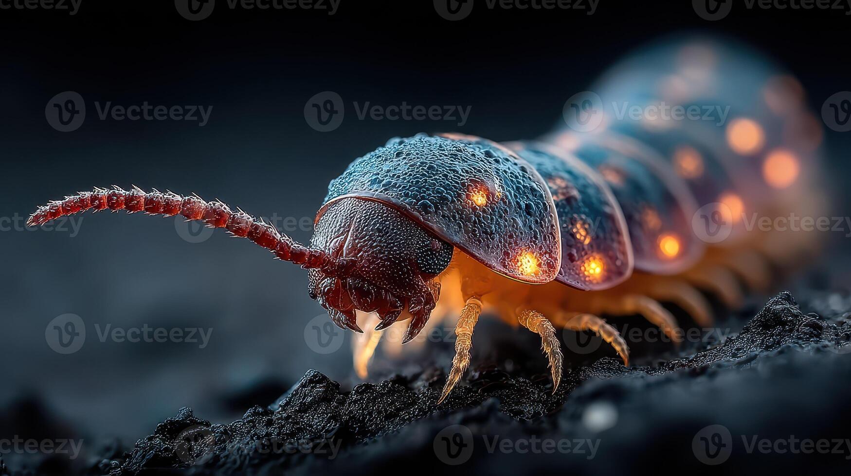 Colorful bioluminescent caterpillar crawls on dark surface at night showcasing its glowing patterns photo