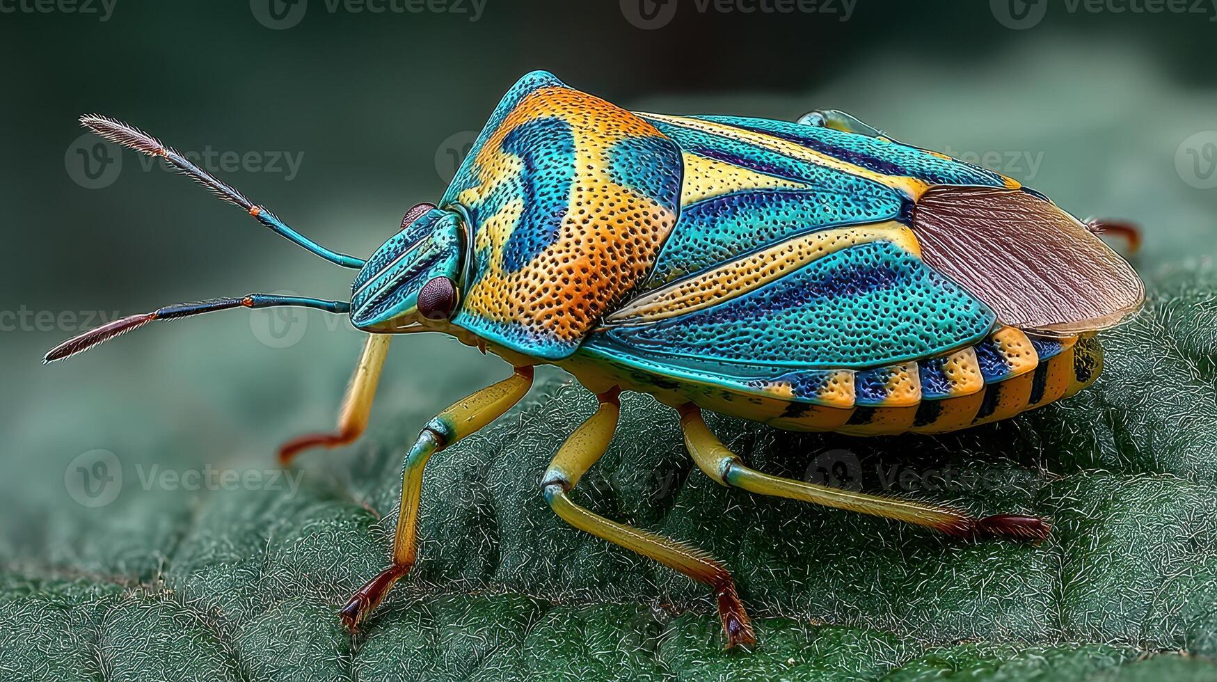 Vibrant insect rests on a leaf showcasing bright colors and intricate details in a natural setting photo