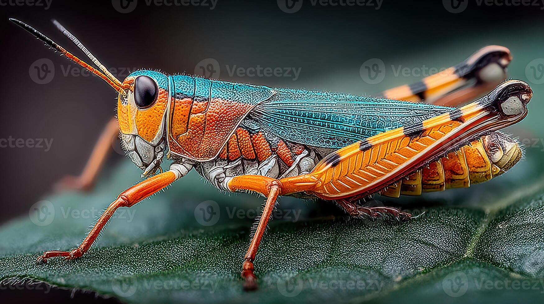 Brightly colored grasshopper perched on a leaf captured in natural light during daylight hours photo