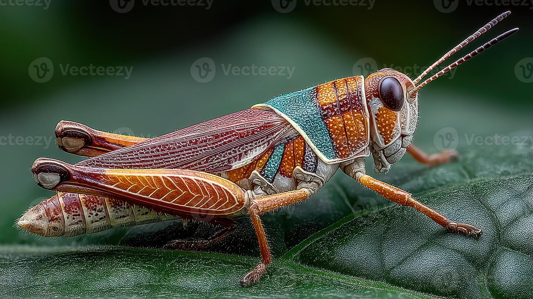 Detailed view of a colorful grasshopper resting on a green leaf in a vibrant garden under natural light photo