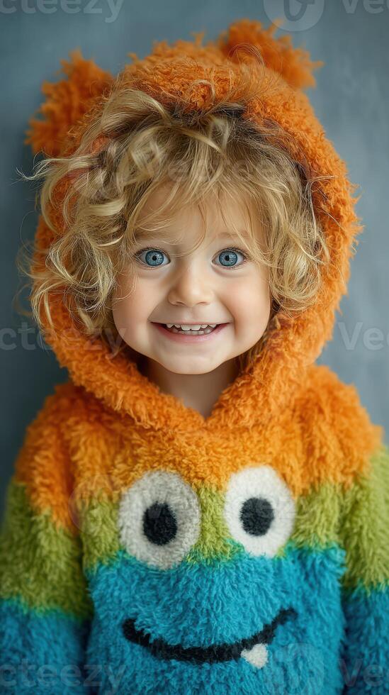 Kid with curly hair smiling in a colorful monster hoodie against a soft background photo