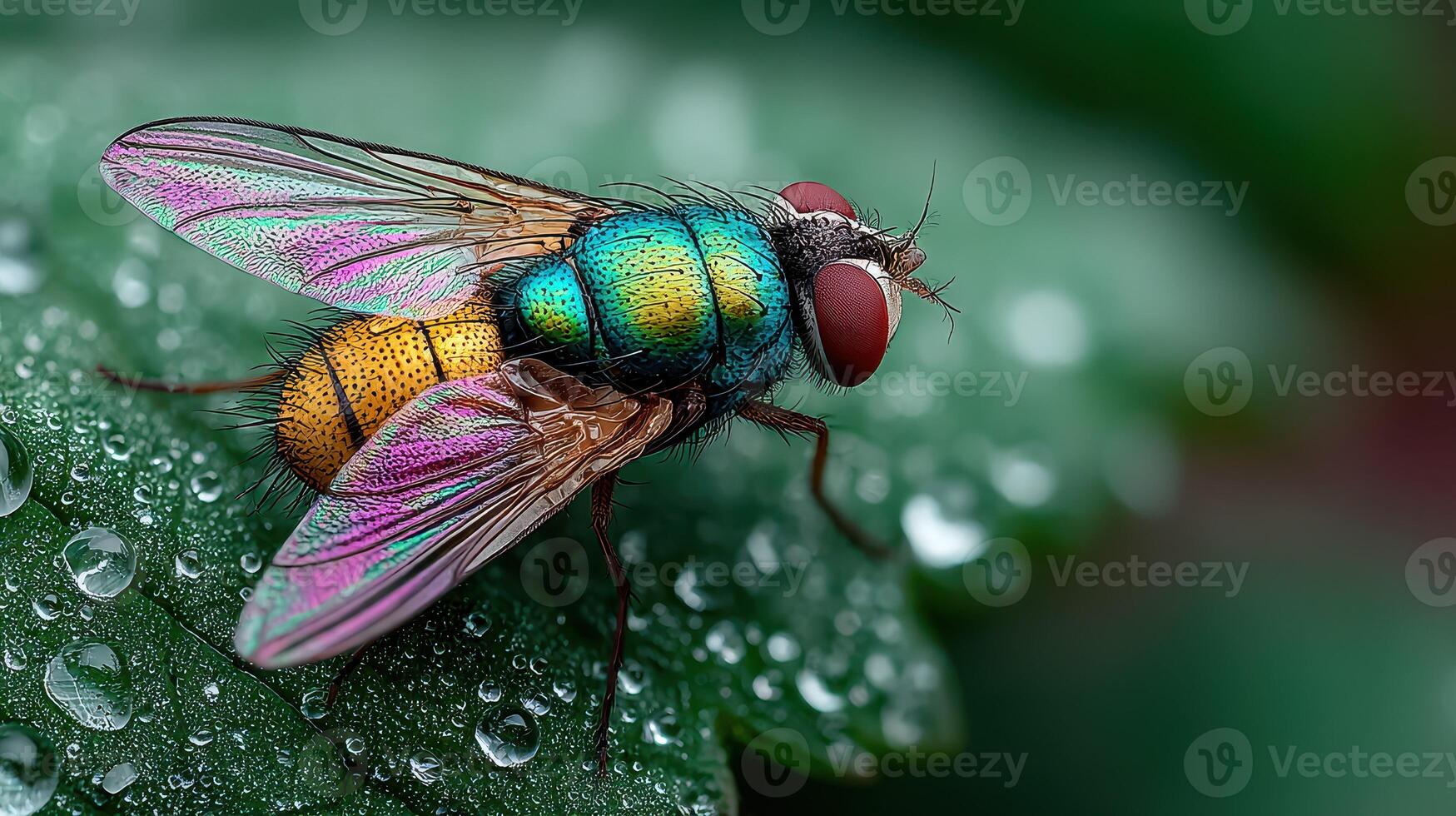 Close-up of a colorful fly resting on a dewdrop-covered green leaf in a vibrant natural setting photo