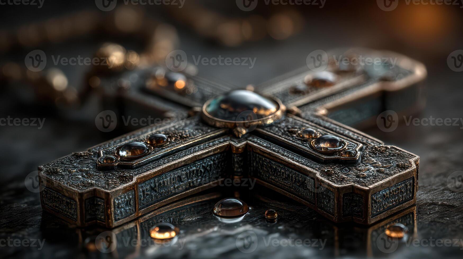 Ornate cross pendant with intricate designs resting on a dark surface illuminated by soft light in a serene setting photo