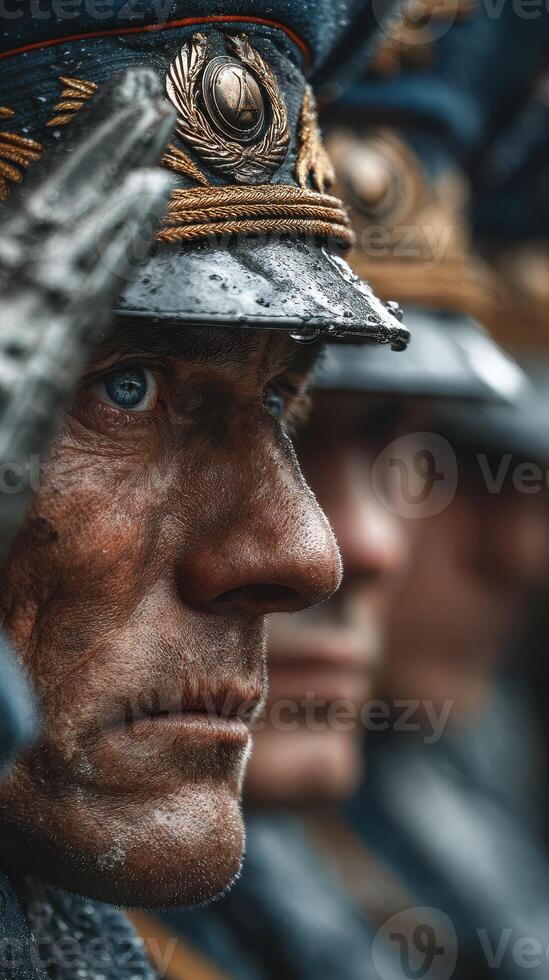 Soldiers in traditional uniforms during a parade showcasing military precision and camaraderie in wet weather conditions photo