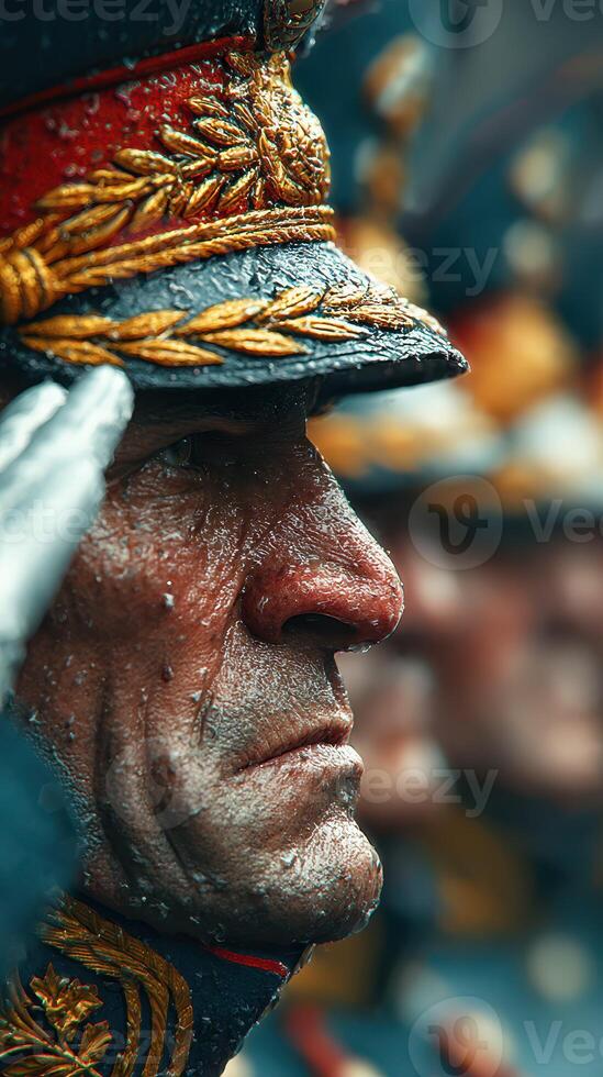 Senior military officer saluting during a ceremonial event in rainy weather at a historical site photo