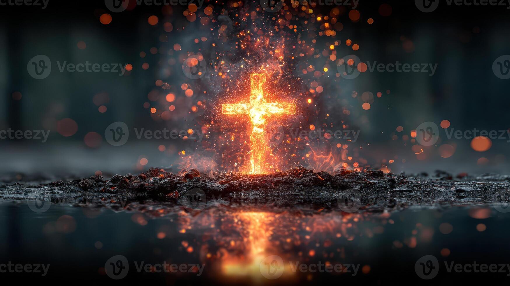 Flaming cross emerges from darkness, illuminated by sparks and glowing embers in a dramatic display of light and shadow photo