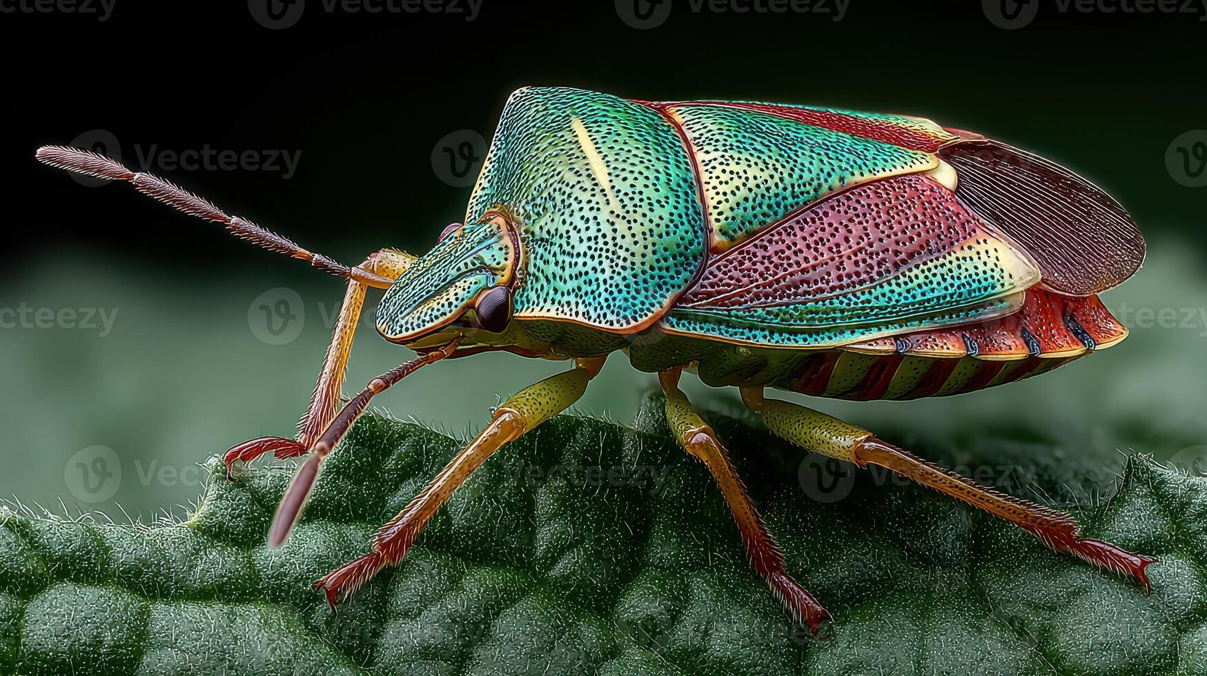 Colorful bug resting on a green leaf during daylight revealing intricate patterns and details of its exoskeleton photo