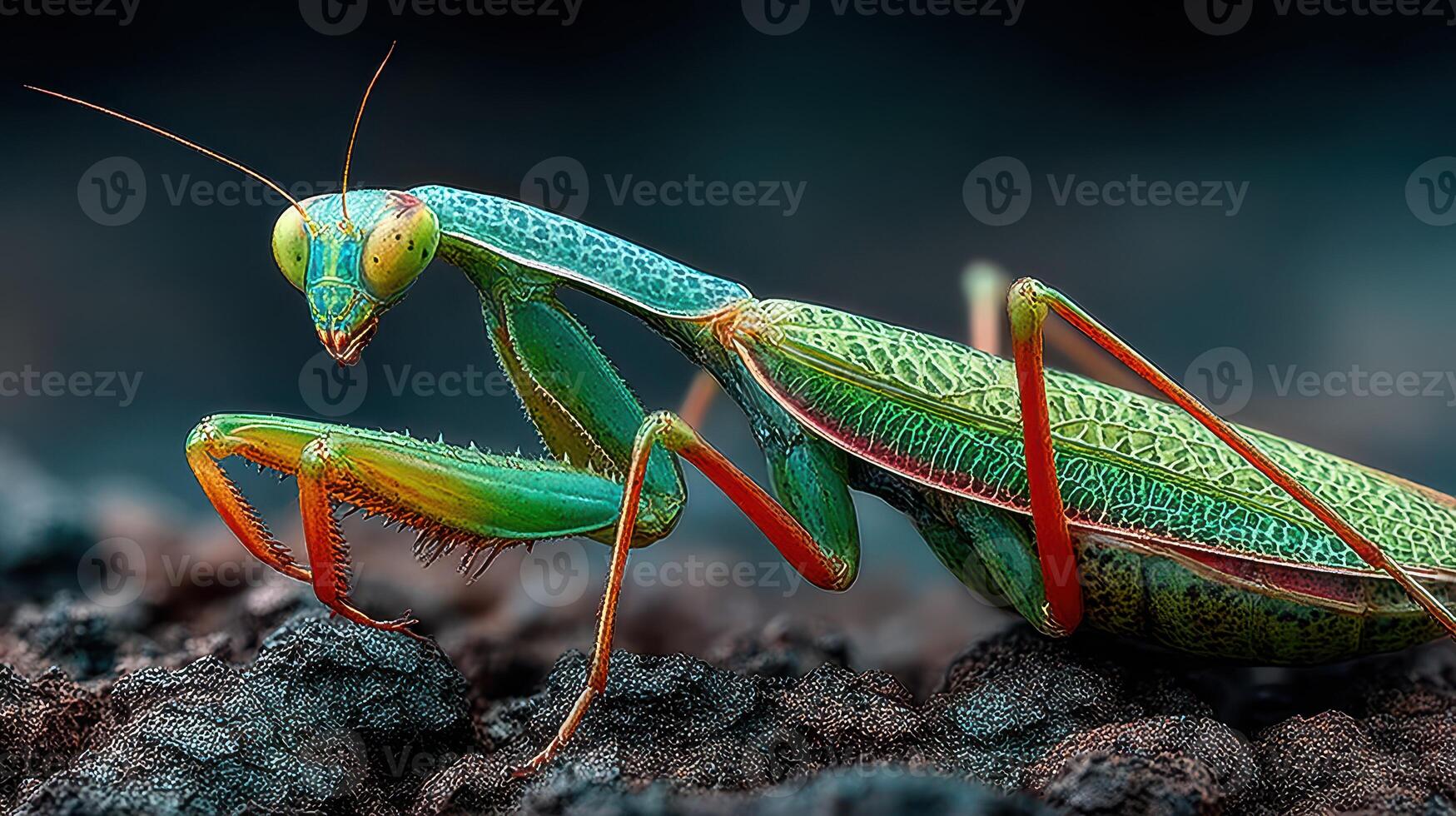 Colorful mantis perched on dark surface showcasing intricate patterns and vibrant hues in a natural environment photo