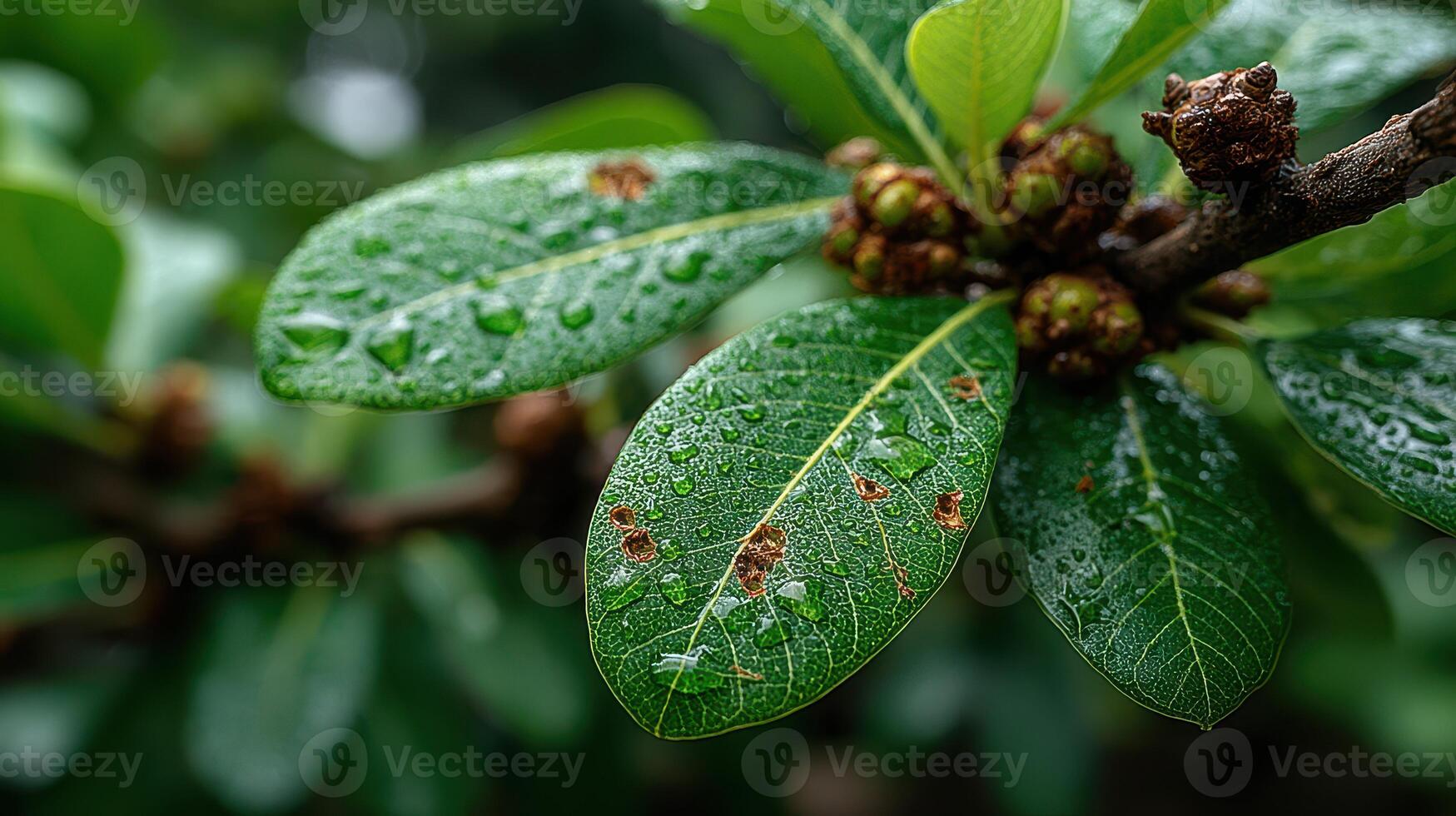 Close-up view of wet green leaves with raindrops in a lush garden during the early morning hours photo