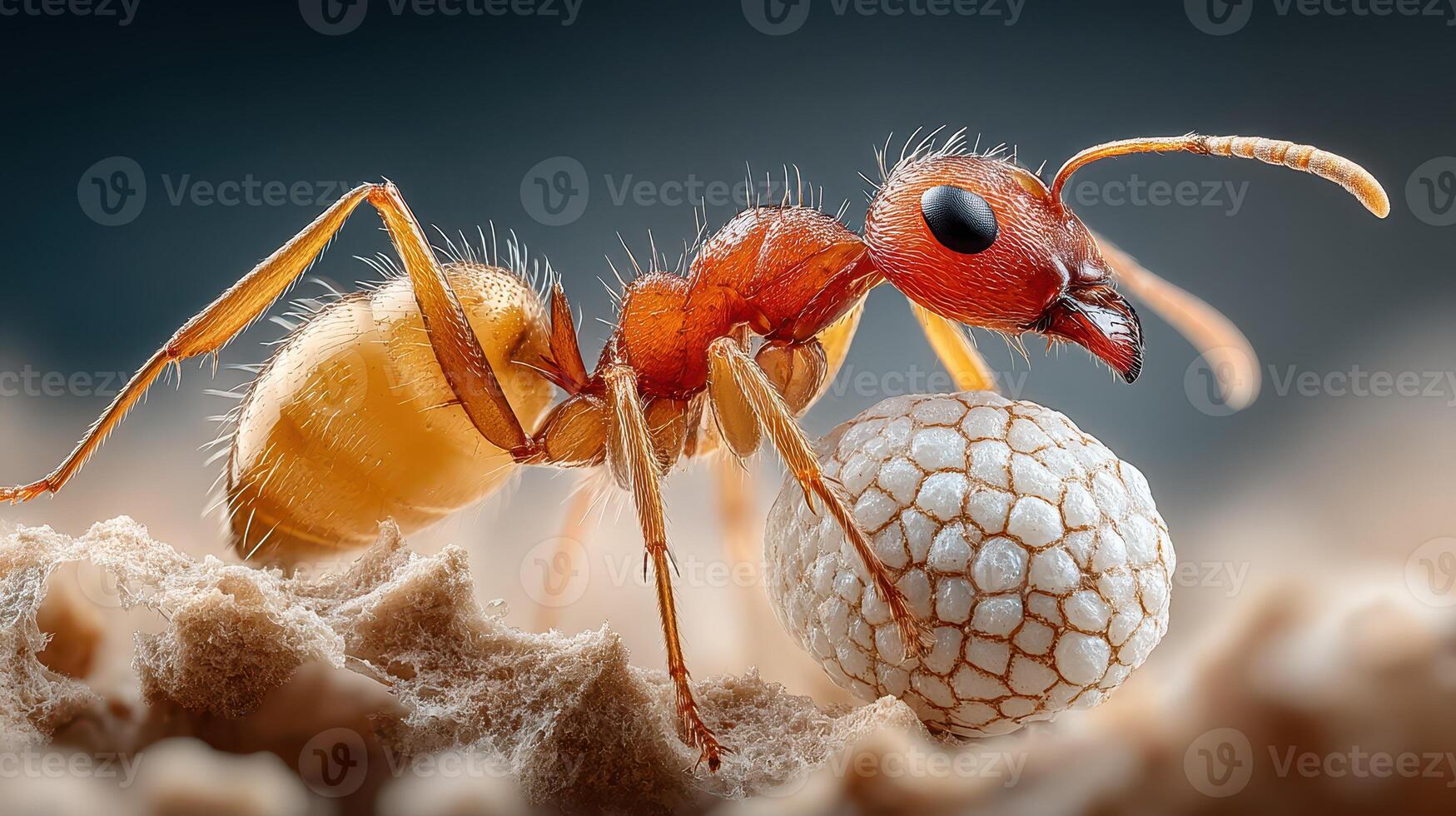 Close-up of an ant carrying an egg in its nest during daylight in a natural setting photo