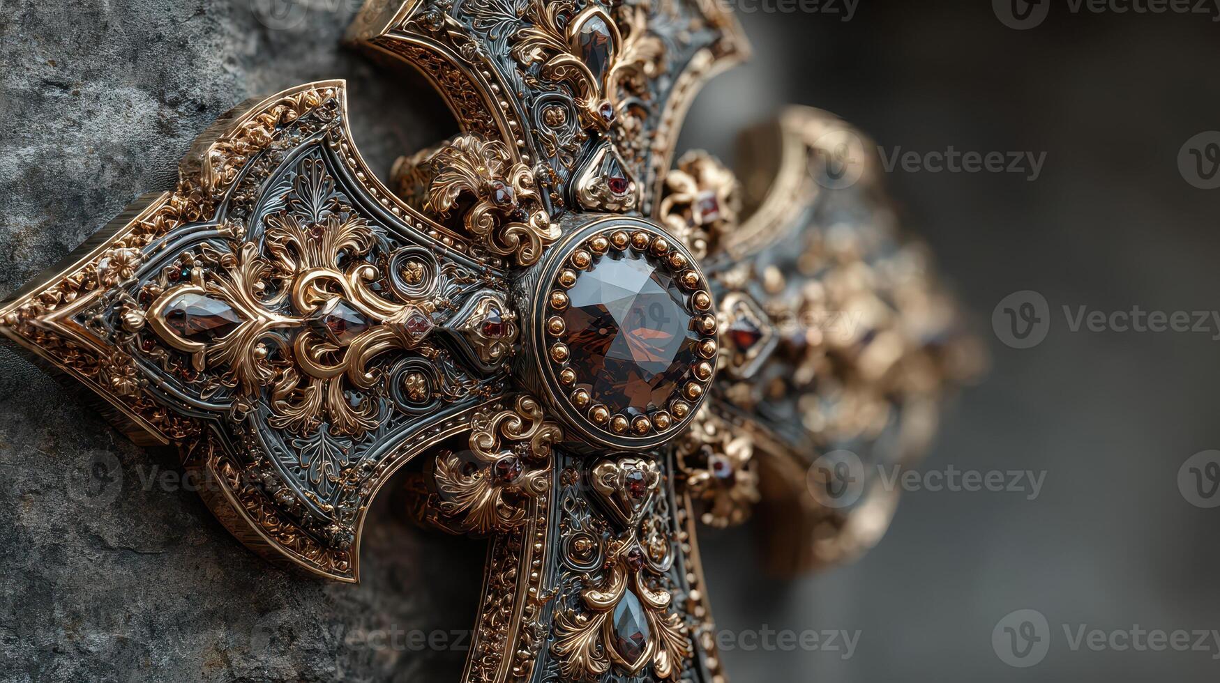 Intricate decorative cross with detailed craftsmanship displayed on textured stone surface photo