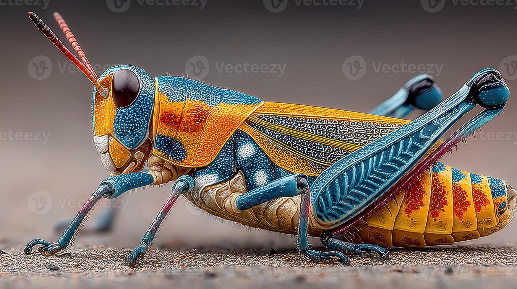 Colorful grasshopper resting on the ground in a natural setting during daytime near vegetation photo