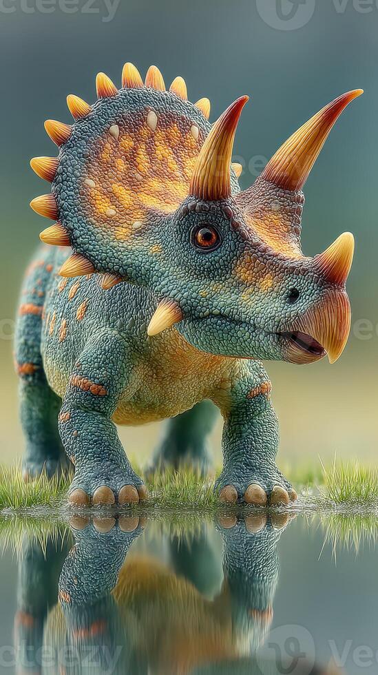 Dinosaur figurine stands proudly beside a still pond in a lush environment during a bright afternoon photo
