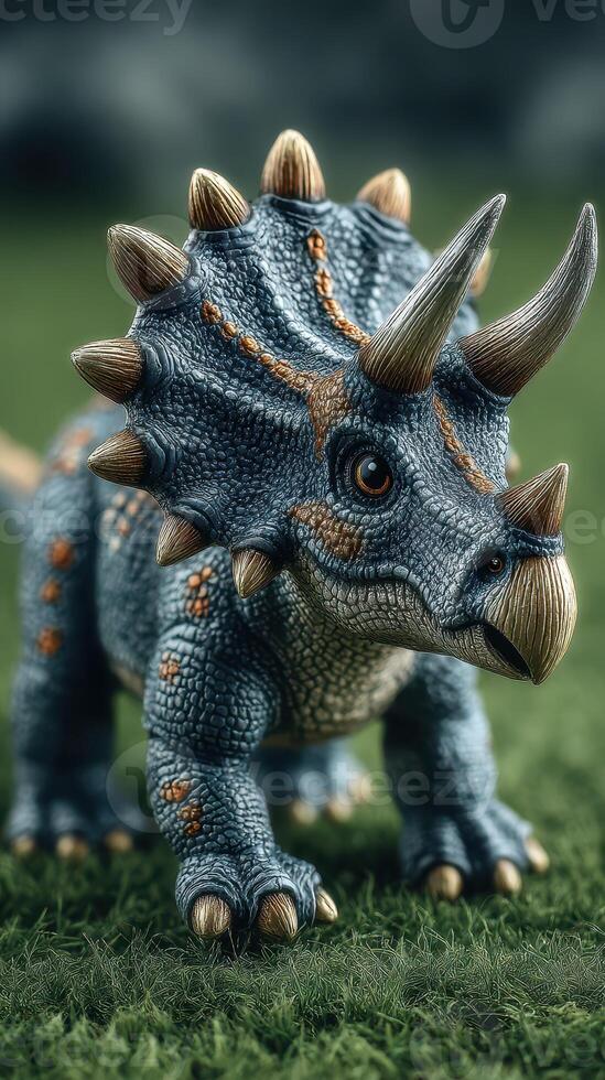 Intricate triceratops figurine on grass during daylight showcasing detailed textures and vibrant colors photo