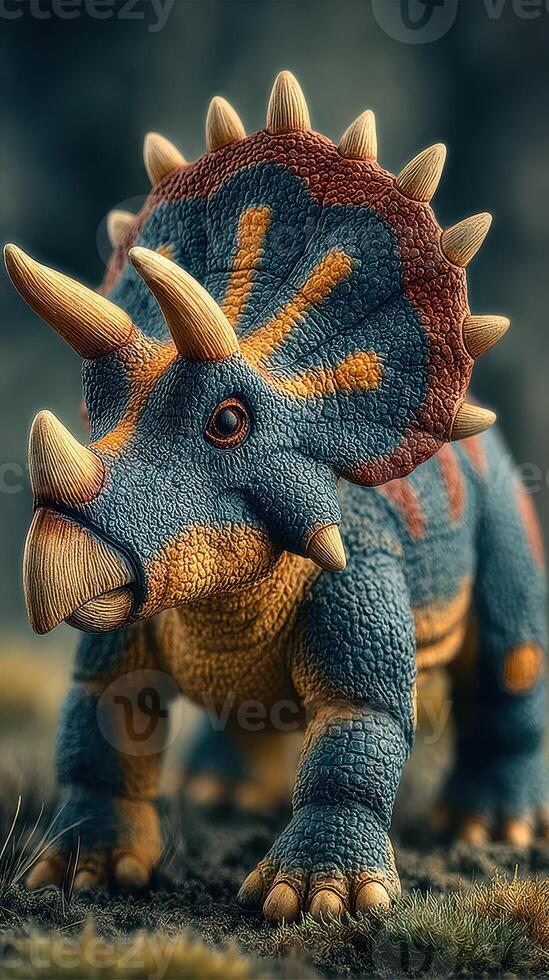 Detailed sculpture of a Triceratops in a natural habitat during golden hour of daylight photo