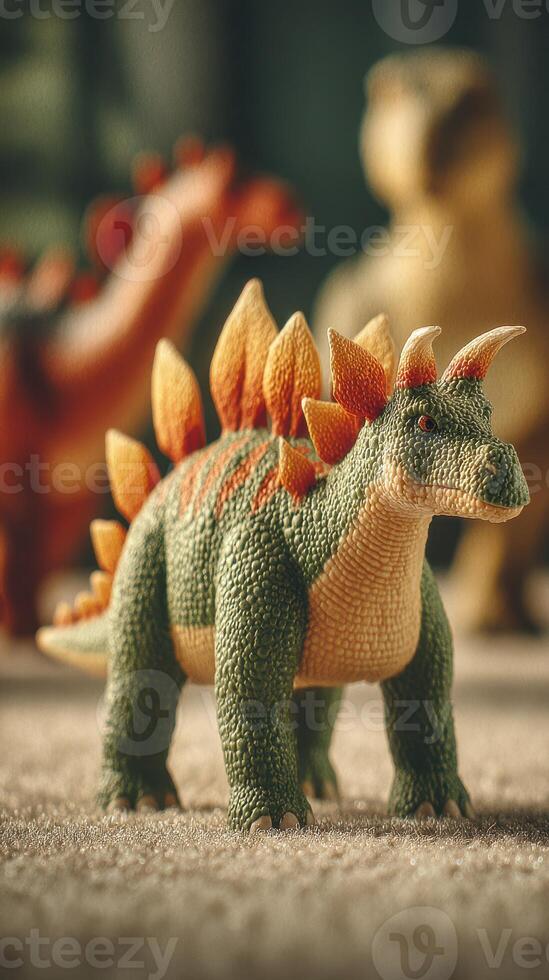 Colorful dinosaur toys in a playful arrangement on a soft surface photo