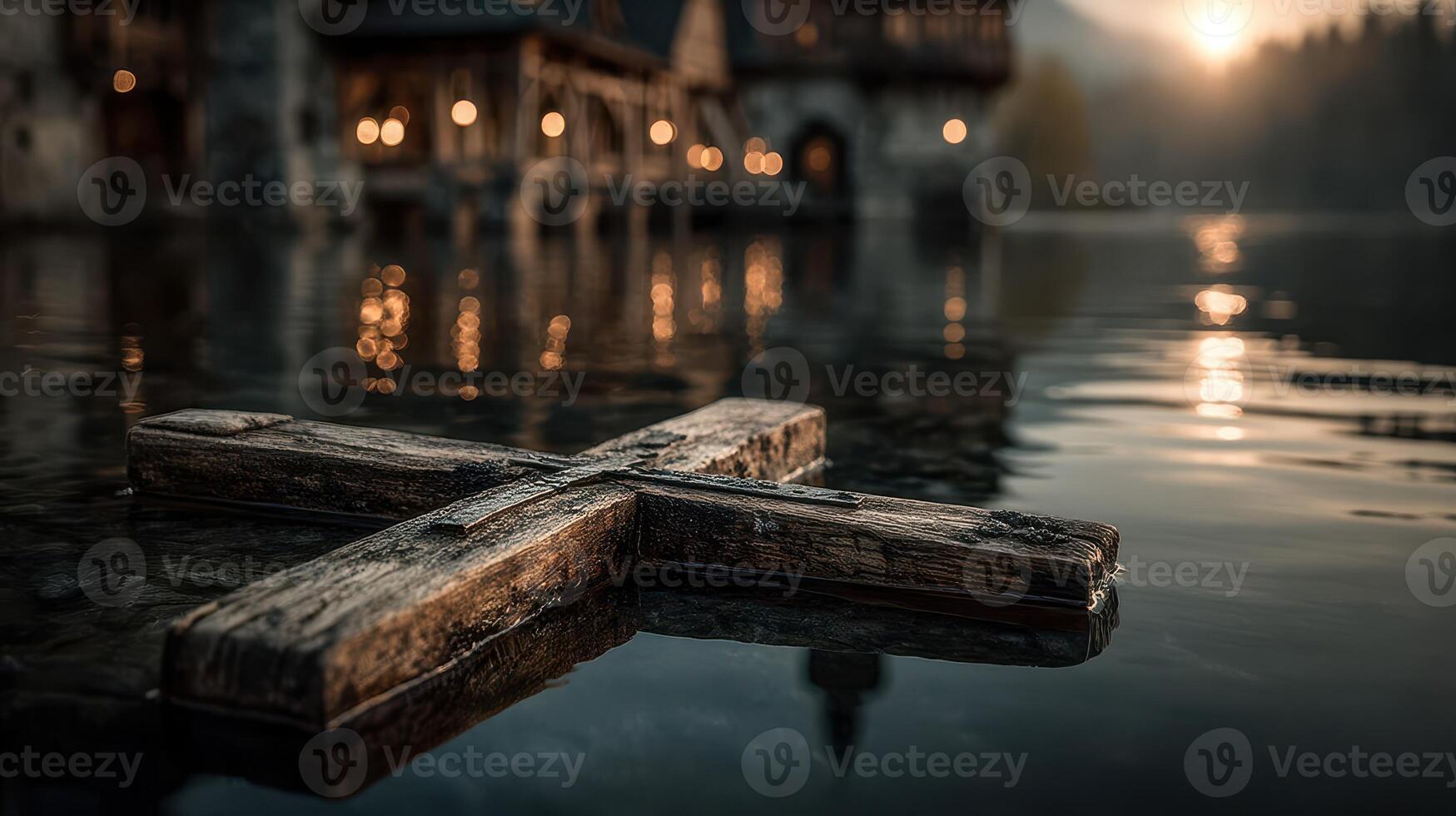 Emotionally charged wooden cross floating on calm water at dusk near a quaint village in the misty mountains photo