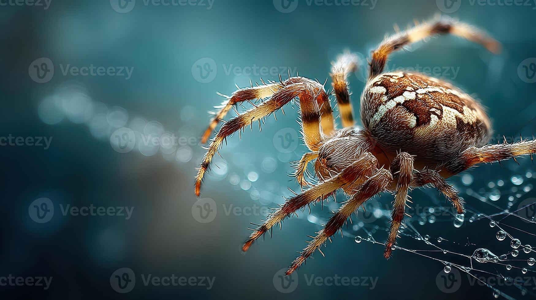 Close-up view of a spider weaving its intricate web in a dark environment with shimmering droplets photo