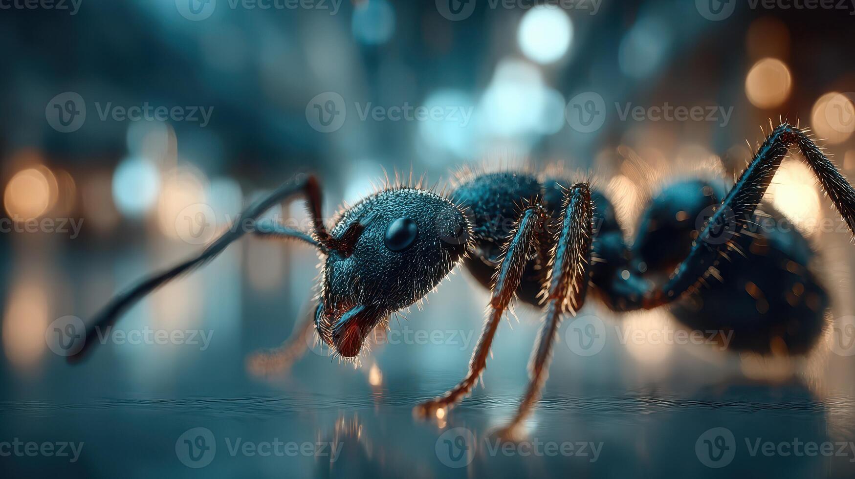 Close-up view of an ant crawling on a surface with a blurred background and soft lighting photo