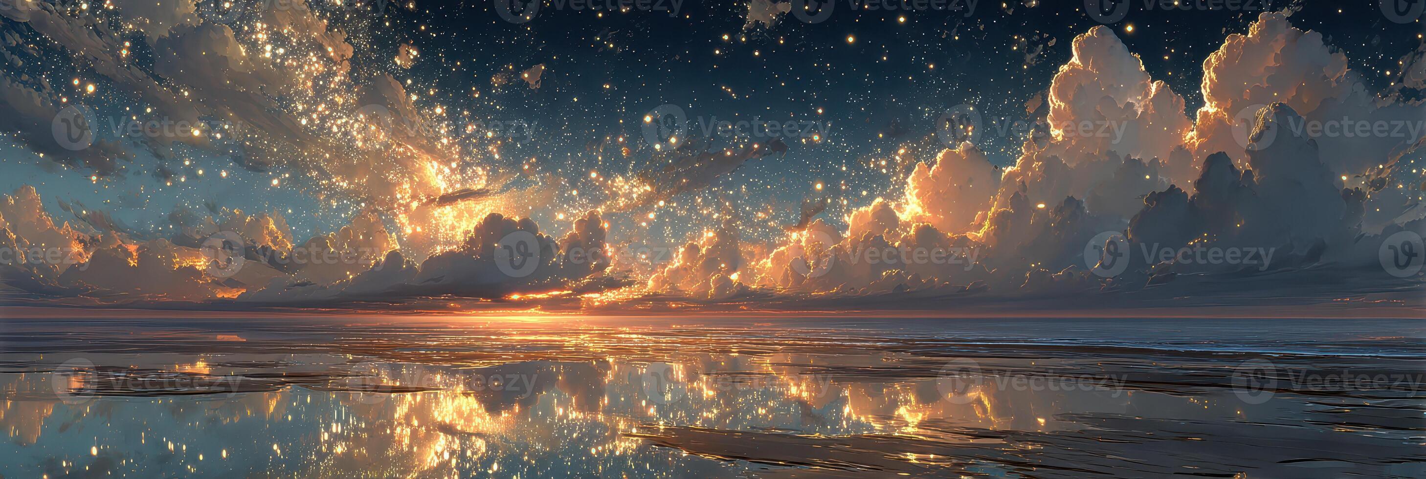 Stunning sunset over calm ocean reflects colorful clouds and starry sky photo