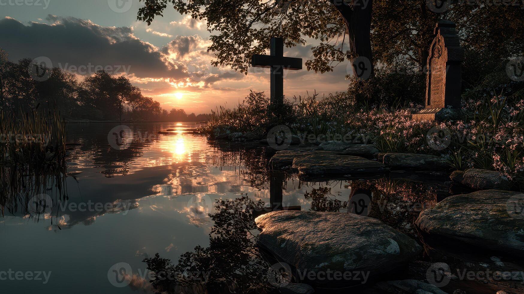 Sunset reflection on a tranquil lake with a cross and gravestone near the shore photo