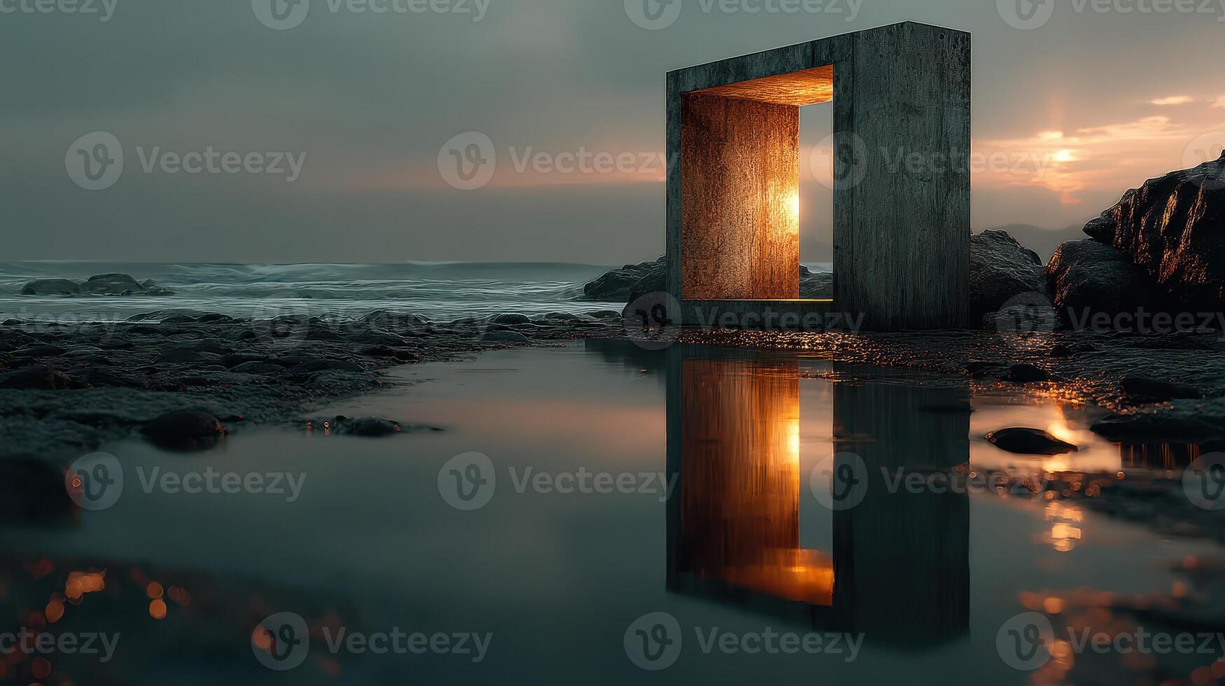 Sunset reflection through a stone frame near the ocean showcasing a tranquil coastal landscape photo