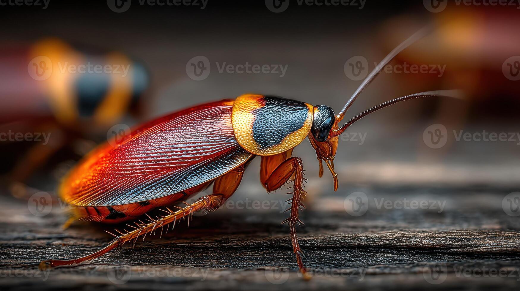 Detailed close-up of a vibrant cockroach on a textured surface highlighting its colors and features during daylight photo